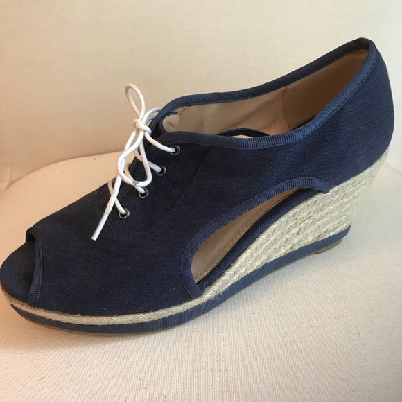 Marais USA Blue Canvas Peep Toe Wedge Sz 8.5 - Picture 1 of 8